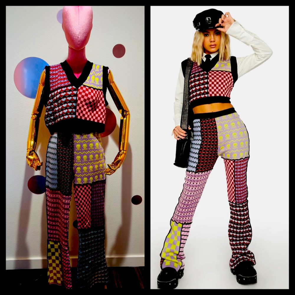 RARE ~ RAGGED PRIEST ~ Patchwork Snowflake Sweater Set ~ Crop Top + Pants ~M